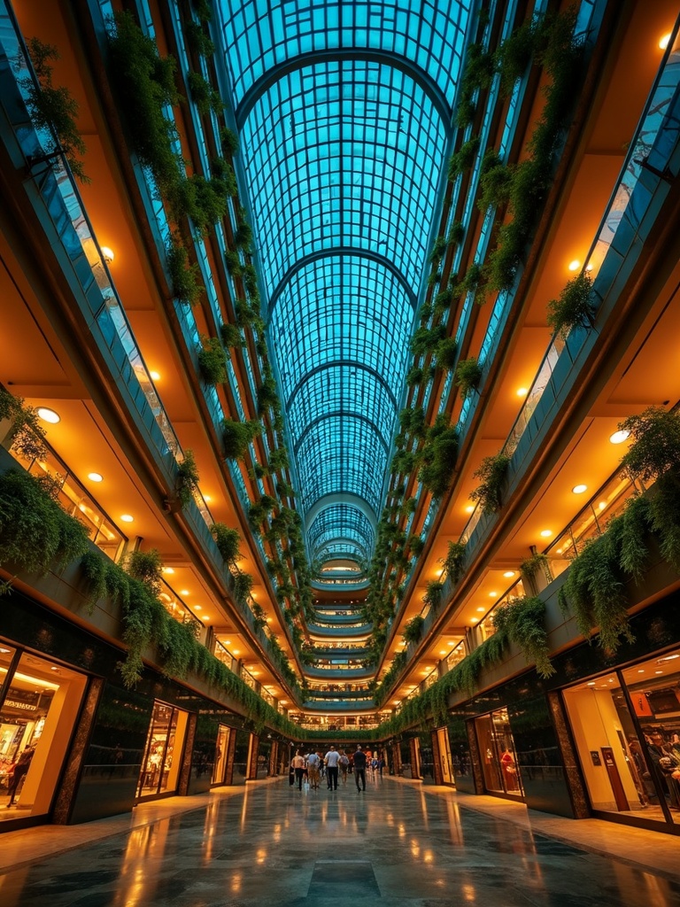 Vast mall atrium seen from below, balconies glowing gold