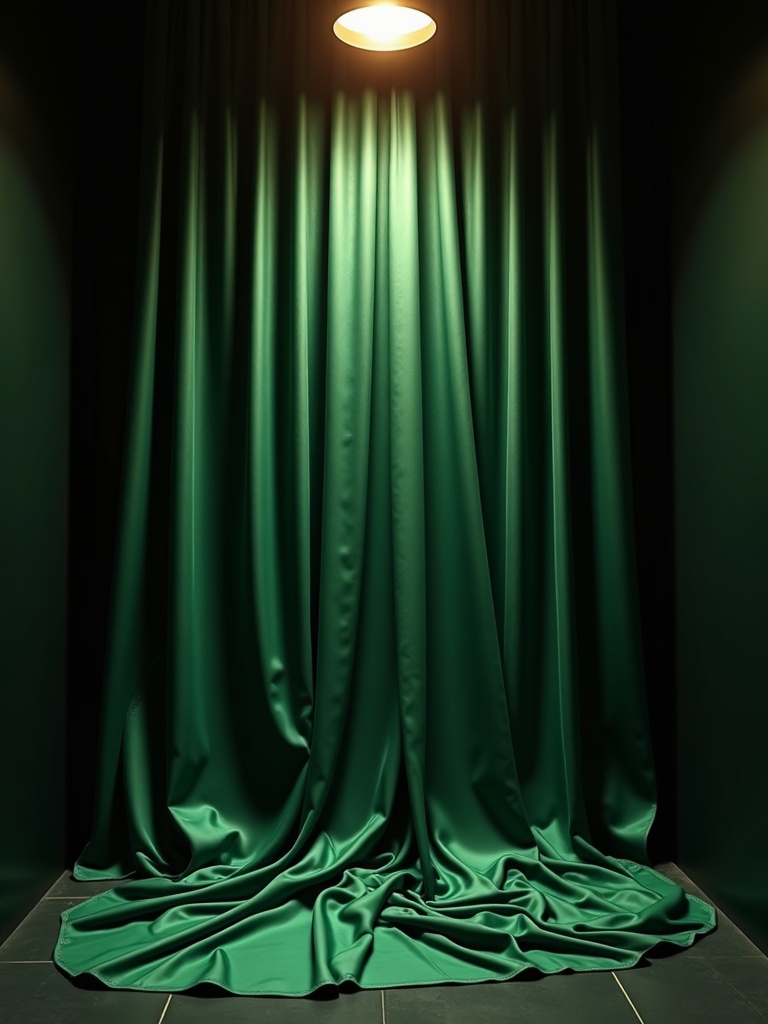 Emerald silk draped under a warm spotlight in a luxury fabric atelier