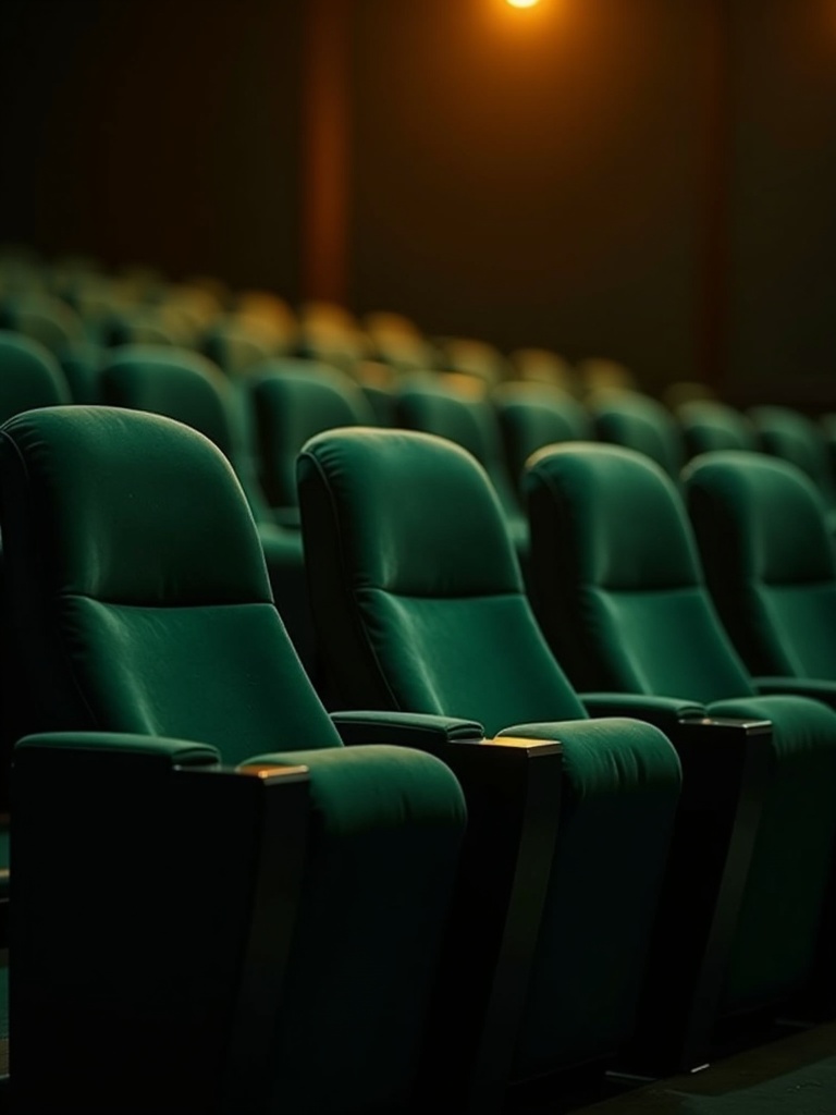 Rows of emerald velvet cinema recliners in golden light