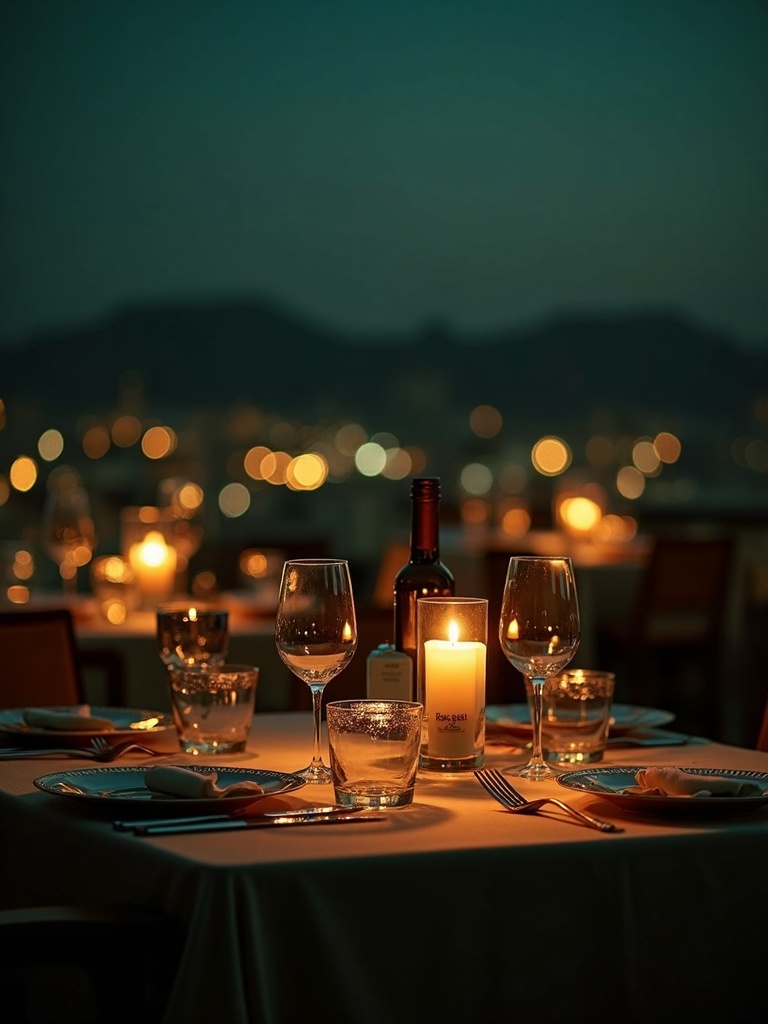 Candlelit rooftop dining table at night overlooking distant hills
